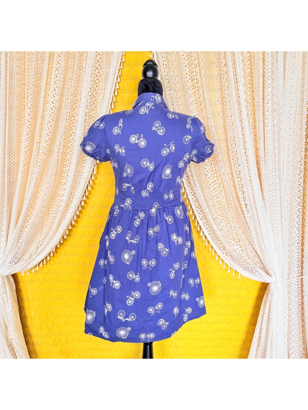 Porridge Cottagecore Twee Retro Blue Bicycle Print Cotton Day Dress Pockets Sz 6 - Picture 9 of 17